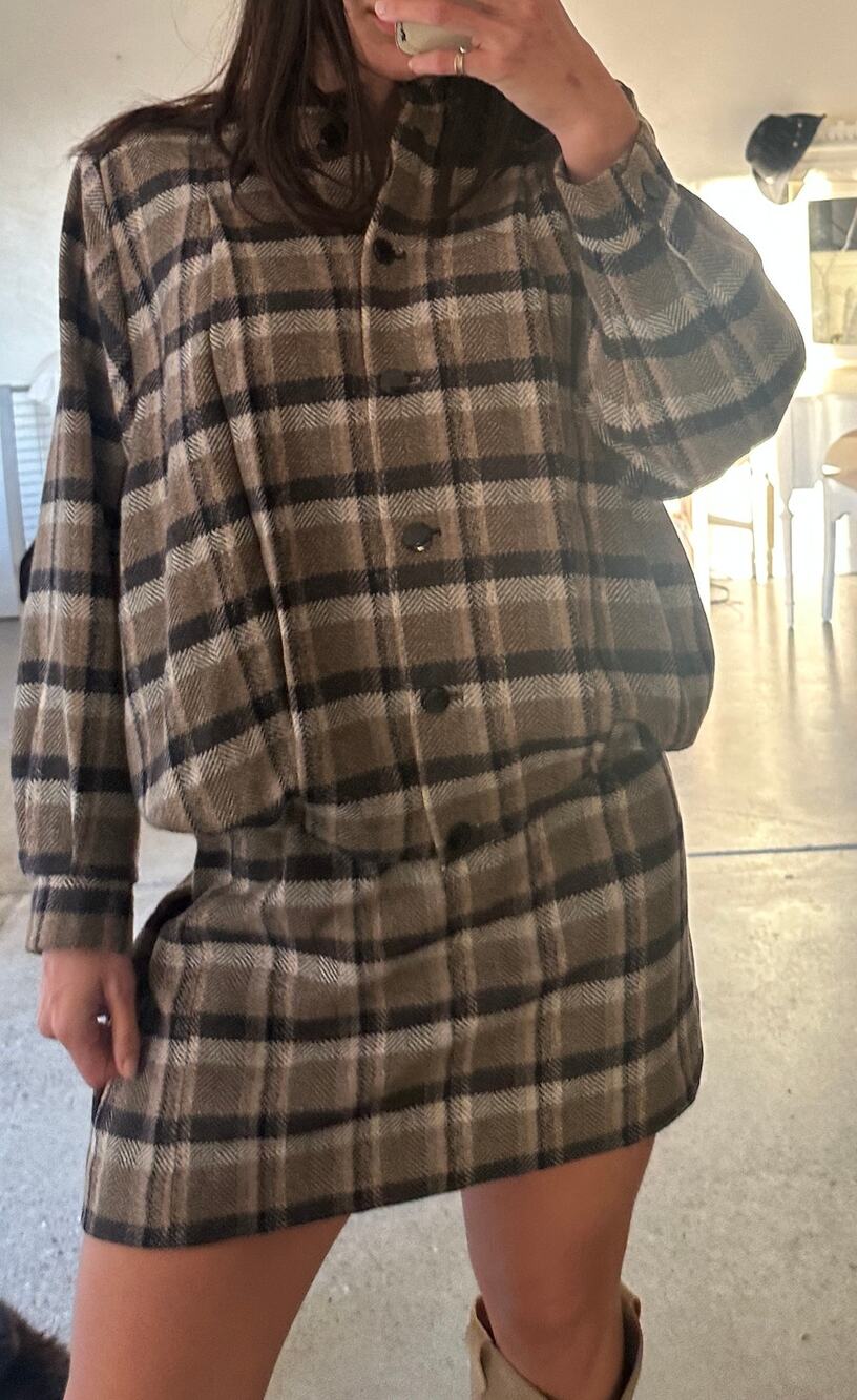 Vintage Women’s M Plaid Wool Skirt Set Brown Neutral